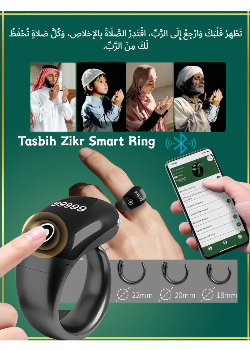 BESTPEAK Tasbih Zikr Smart Ring, Adjustable Counter,  With Replaceable ring Sizes (/18/20/22/mm),  Tasbih Counter Smart Ring，Lightweight Digital Tasbeeh Counter, Prayer Ring, Electronic Rosary，APP Support Digital Counter Prayer Reminder Ring, Waterproof OLED Display Counter Zikr Ring, Tasbeeh counter for Muslims（BLACK）– Ramadan & Eid Gift for Men & Women - Image 1